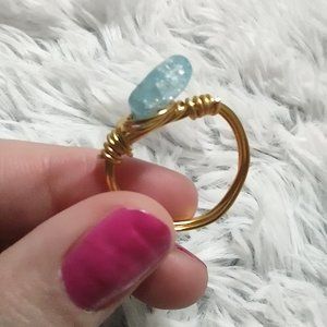 *HOMEMADE* Blue Gem Ring- Wire Gold Wrapped Ring